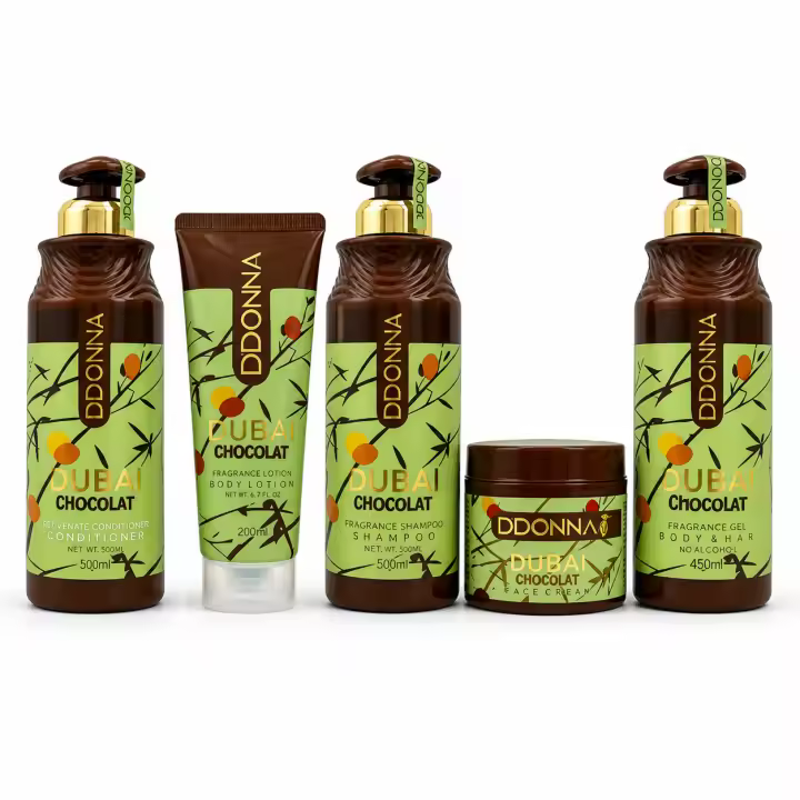 Set 5 Productos DDONNA Dubai Chocolate Champú + Acondicionador + Loción Corporal + Crema Facial + Gel Perfume | Aroma Chocolate & Pistacho | Hidratación Intensiva Cabello y Piel | Kit Belleza Completo Mujer - 1