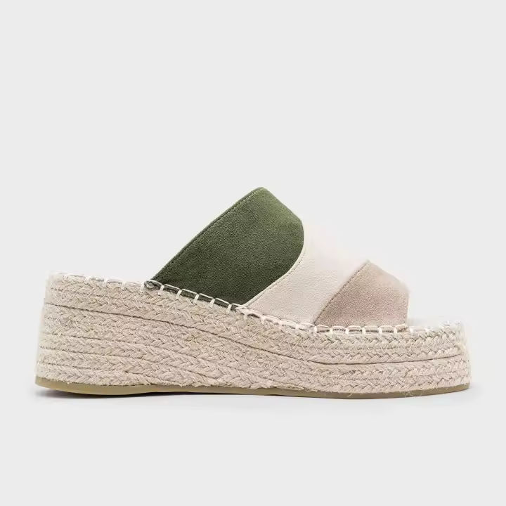 Sandalias de cuña de suela gruesa informales de estilo bohemio para playa Tricolor y verano con punta abierta, Mules de Plataforma con Punta Abierta de Esparto - 1