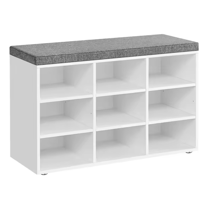 Banco zapatero con asiento acolchado, 9 compartimientos y estantes ajustables, ideal para entrada y sala de estar, disponible en blanco o marrón rústico - 1