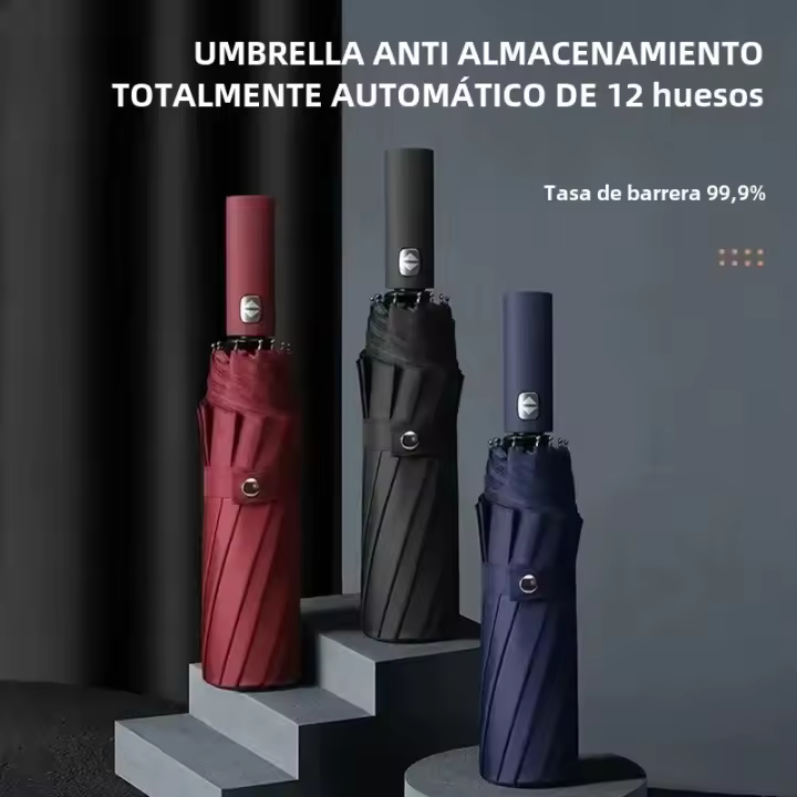 Paraguas Plegable Automático De 12 Rayones Negro Resistente Al UV Con Cuerda Fuerte Y Duradera Tres Plegables Para Protección Contra El Sol Y Lluvia - 1