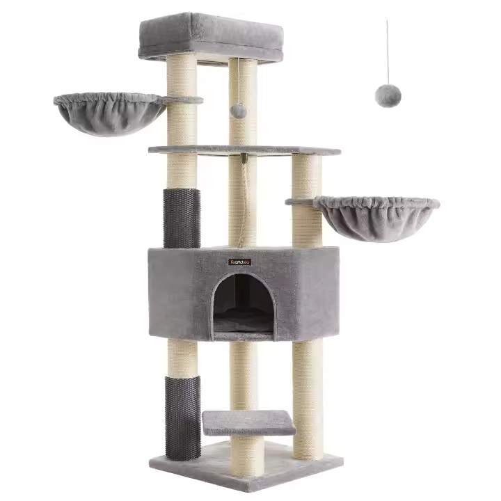 Feandrea Árbol para Gatos Grande y Estable, Torre para Gatos Grandes, con Almohadillas Autocalentables, Solapas, Cueva, Cuerda de Sisal, 50 x 50 x 160 cm, Gris Paloma y Blanco Crema/Gris Paloma y Negro - 1