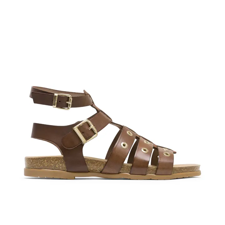 PORRONET SANDALIA PLANA ROMANA BIO TACHUELAS DE PIEL MOKA SOFÍA  - SANDALIAS PLANAS ROMANAS DE TIRAS SOFÍA EN COLOR MOKA CON TACHUELAS - CIERRE MEDIANTE DOBLE PULSERA AL TOBILLO CON HEBILLA - ELABORA - 1