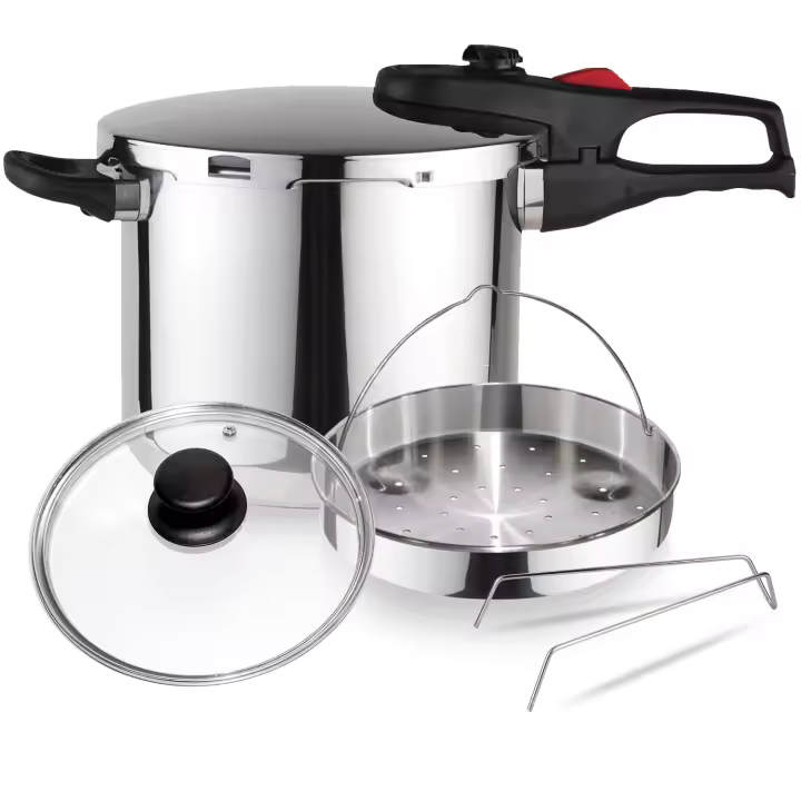 Magefesa Practika Plus - Pack Exclusivo Olla Express Rápida + Cestillo Vaporera + Tapa de Cristal , Acero Inoxidable 18/10, Sensor de Presión, Inducción - 1