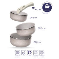 Juego de 8 pcs: 5 sartenes Ø18Ø20Ø24cm(x2)Ø28cm y 3 Cacerolas Ø16Ø18Ø20cm en aluminio prensado con revestimiento ILAG con 3 mangos extraibles - details 4