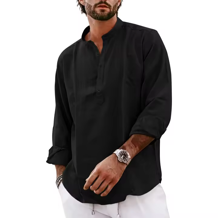 Camisas De Algodón Y Lino Para Hombre Estilo Streetwear Casuales Ligeros De Manga Larga Camisas Henley Hawaianas Transpirables Para La Playa - 1