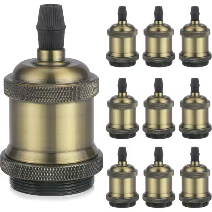 Vintage E27 Casquillo Sólido, Casquillo De Cerámica De Aluminio, Adaptador De Casquillo De Bombilla De Tornillo Edison, Lámpara De Pared, Mesa, Suelo O Techo, Oro Champán, Paquete De 10 - 1