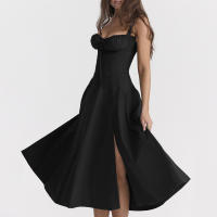 Vestido De Playa Para Mujer Con Estampado Floral Cuello Cuadrado Ajuste Frontal Y Abertura En Pierna Midi Polyester Sin Mangas Vestido De Noche - details 41
