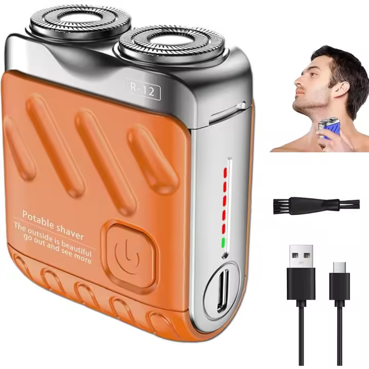 Afeitadora eléctrica portátil de doble anillo rotatorio, mini afeitadora de barba eléctrica, impermeable y cómoda, con cortador magnético de doble anillo, botón único, larga duración, ideal para viajes y uso diario, afeitadora de bolsillo (naranja) - 1
