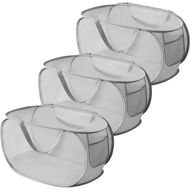 Cesta de Lavadería plegable, 3 piezas, cesta de Lavadería plegable, cesta de lavería de Malla, cesta de lavadería plegable con ASA para dormitorio, habitación infantil y Viajes (GRIs) - 1