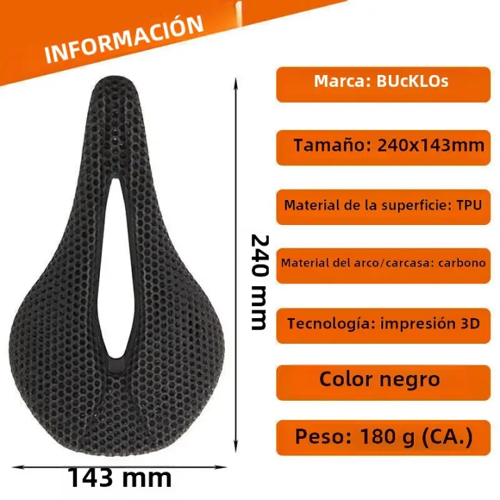 Sillín De Bicicleta BUCKLOS 3D Imprimido Ultraligero De Fibra De Carbono Completa Asiento De MTB Para Carretera Y Montaña Tamaño 240mm*145mm - 1