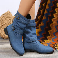 Botas De Motociclista Retro Para Mujer Talla Grande Punk Cowboy Con Hebilla Casual Moda Botas Hasta La Rodilla Material Denim Y Caña De Bote De Lona - details 5