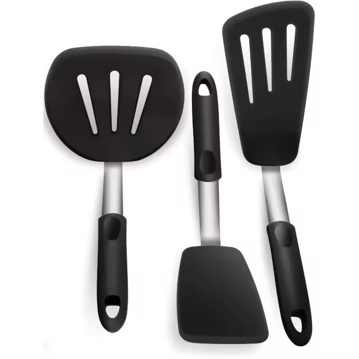 Paleta de Cocina Silicona Pala de Pescado Espatula Silicona Cocina Fabricado en Acero Inoxidable y Silicona Juego de 3 piezas Negro - 1