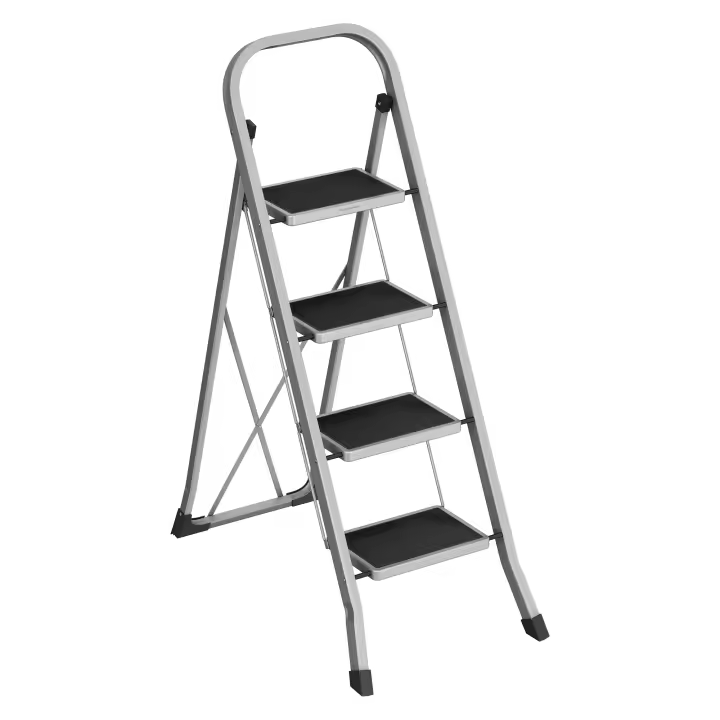 SONGMICS Escalera de Tijera, Escalera con 4 Peldaños, Peldaño Plegable, Bloqueo de Seguridad, Fácil de Guardar, Carga hasta 150 kg, Gris Paloma - 1