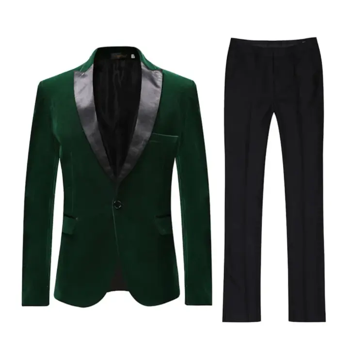 Traje Verde De Veludo Para Hombre 2 Piezas Con Palmas Punta Y Chaqueta De Un Botón Para Boda Fiesta Prom Pantalones Y Chaqueta Formal - 1