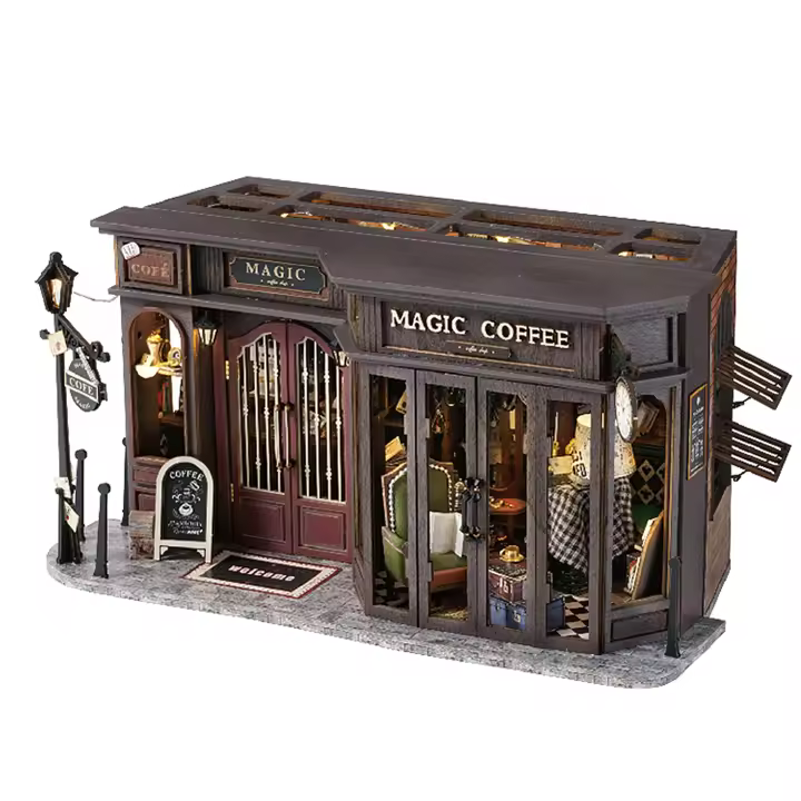 DAM. Cafetería Antigua. Maqueta 3D realista con gran detalle y luces led. 29x14x15cm. - 1