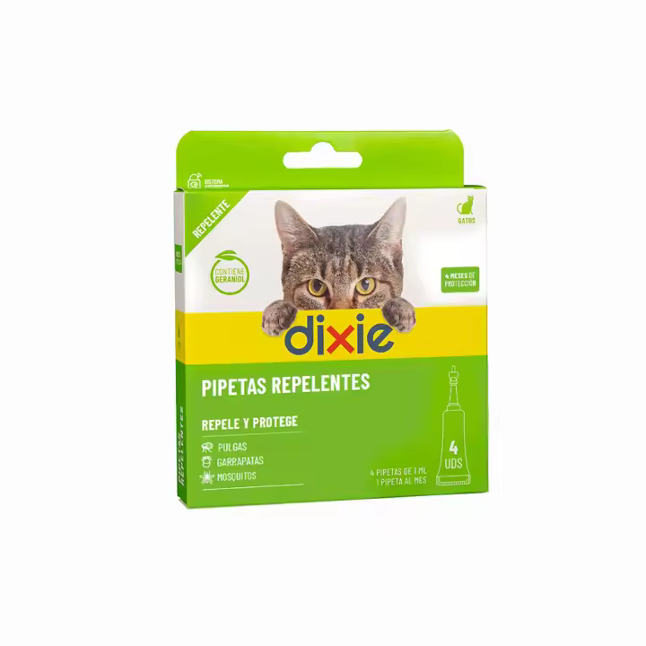DIXIE 4 Pipetas Repelentes con Geraniol para Gato - 4 Meses de Protección Asegurada – Repele Pulgas, Piojos, Mosquitos y Garrapatas - Sin Insecticidas – Apto para Cachorros a partir de 2 meses - 1