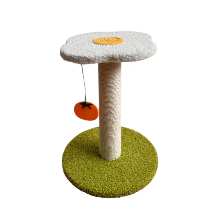 Poste rascador en forma de flor, Colores vibrantes de huevo y tomate, mide 25x31.5 cm. Ideal para gatos, ayuda a mantener sus uñas saludables mientras evita daños en muebles. Incluye un juguete colgante para entretenimiento, es resistente, decorativo - 1