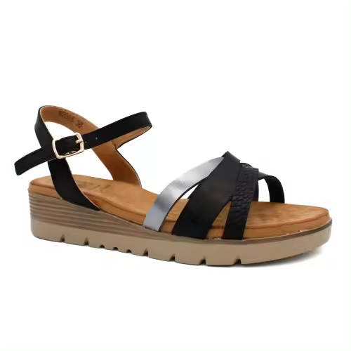 Sandalias mujer planta acolchada KISS KISS M2395 con pequeña cuña en negro y beige. - 1