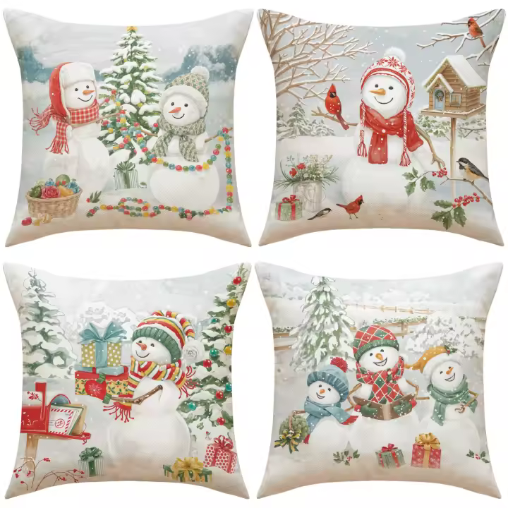 Conjunto de 4 Navidad muñeco de nieve almohada cubre, cojines de impresión de dibujos animados de lino para la decoración del hogar, sofá, y coche - 1