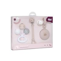 Juego de Regalo para Recién Nacidos: 5 Artículos Esenciales en Silicona Libre de BPA – Chupete, Chupetero, Portachupete y Sonajero en Elegante Caja Transparente, Colores Rosa, Azul y Gris - details 1