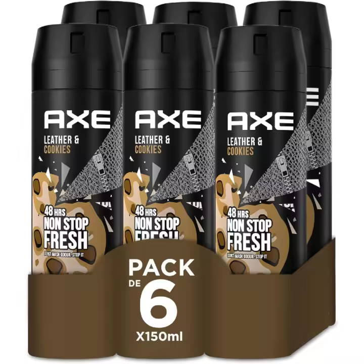 Axe Desodorante para Hombre Bodyspray Leather & Cookies 150ml (Pack de 6) - Tecnología Dual Action, Fórmula sin aluminio, Componente antiolor Zinc Complex 6, Huele irresistible a cuero nuevo y galletas durante 48 horas - 1