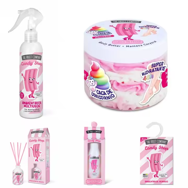 THE FRUIT COMPANY - LOTE CHICLE DE FRESA - Manteca corporal + Colonia + Ambientador spray + Mikado + Ambientador armario - 1