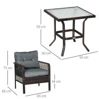 Outsunny Set de Muebles de Ratán 3 Piezas de Jardín 2 Sillones 65x66x75 cm y Mesa de Vidrio Templado 50x50x50 cm con Cojines Acolchados para Terraza Patio Marrón y Gris - details 2