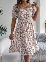 Vestido Elegante De Primavera Y Verano Para Mujer Con Estampado Floral Cuello Cuadrado Manga Corta Volante Al Borde Vestido A-Line De Rodilla Casual - details 18
