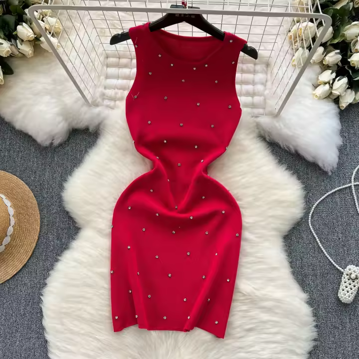 Vestido Mini De Encaje Para Mujer Verano Sin Mangas Camisola Bodycon Elegante Con Diamantes Cuello Redondo Ajustado - 1