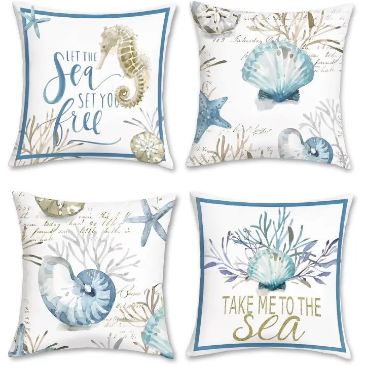 Fundas de Coche Náutico Costero 45x45 cm Funda de Almohada Océano Concha Estrella de Mar Caballo de Mar Terciopelo Fresco Verano - 1