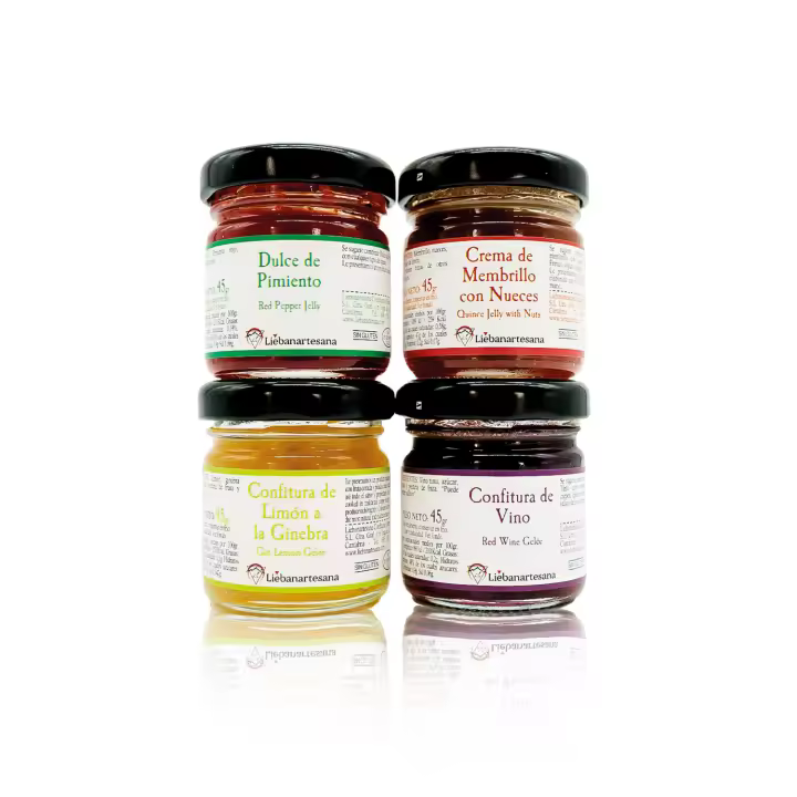 Pack Especial LIEBANARTESANA para Acompañar Quesos – 4x45g con Confitura de Vino, Dulce de Pimiento, Crema de Membrillo con Nueces y Confitura de Limón a la Ginebra – Natural y Tradicional de Cantabria - 1