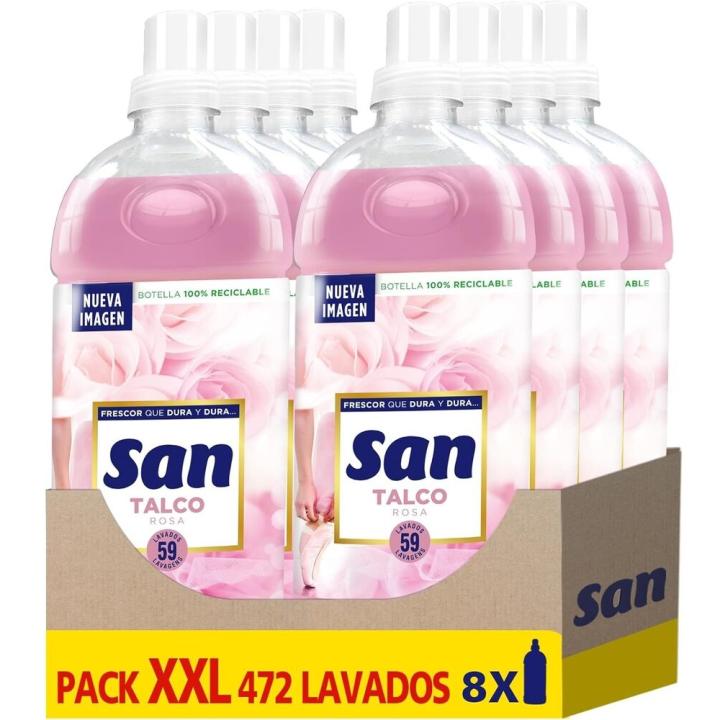 SAN Suavizante Ropa Lavadora Líquido Concentrado Talco Rosa, Pack de 8 x 59 Lavados = 472 Dosis, Fragancia Duradera, Apto para Pieles Sensibles y Prendas Delicadas, Intenso Frescor y Extraordinaria Suavidad