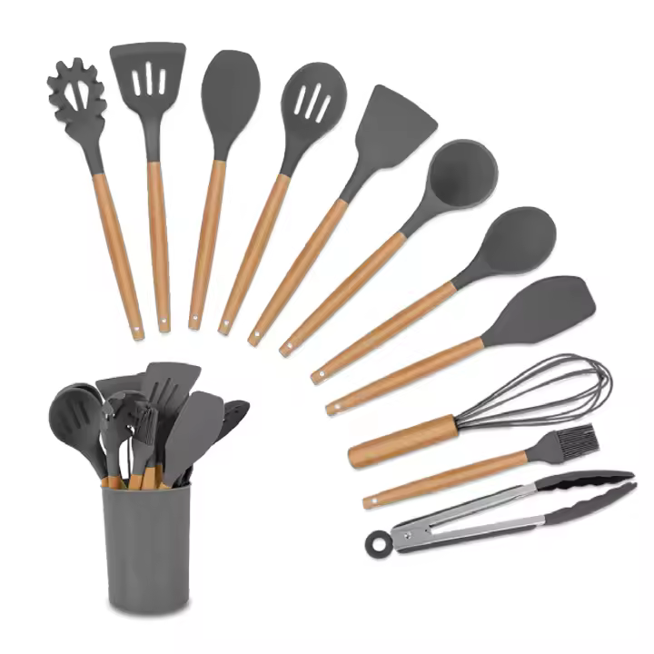 Set de utensilios de cocina Elite: 12 piezas de silicona, mango de madera, aptos para lavavajillas - 1