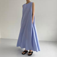 Vestido Maxi De Verano Para Mujer REALEFT 2024 Color Sólido Elegante Con Bolsillos Cintura Suelta Sin Mangas Casual Largo Hasta La Rodilla Material Algodón Y Poliéster - details 5