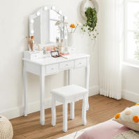Tocador con luz led, mesa de maquillaje, taburete acolchado, 10 luces, organizador extraíble, 5 cajones, idea de regalo para dormitorio, color blanco - details 3