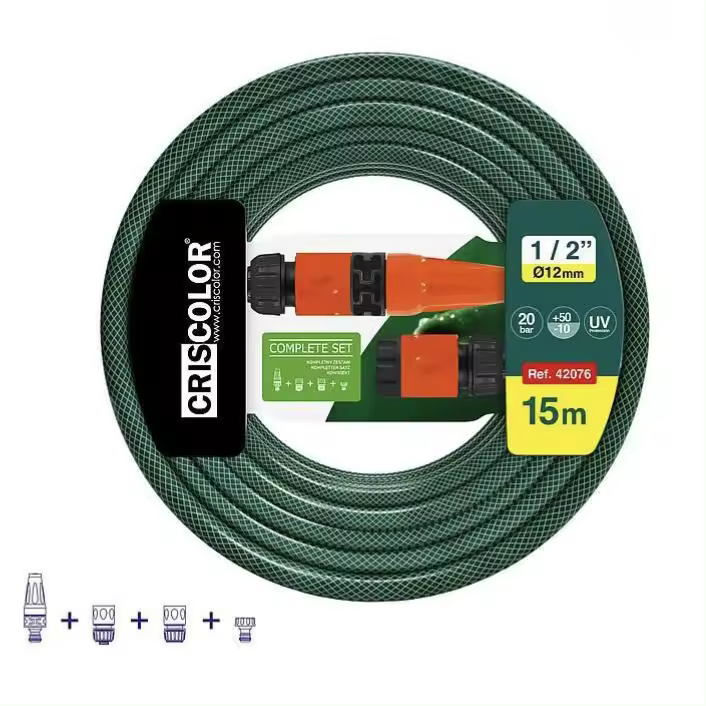 Manguera de Agua de Jardín Set con Conexión y Boquillas para Riego Reforzada 3 Capas Presión de rotura de 20 bar 1/2" 12mm 10/15/20 Metros. - 1