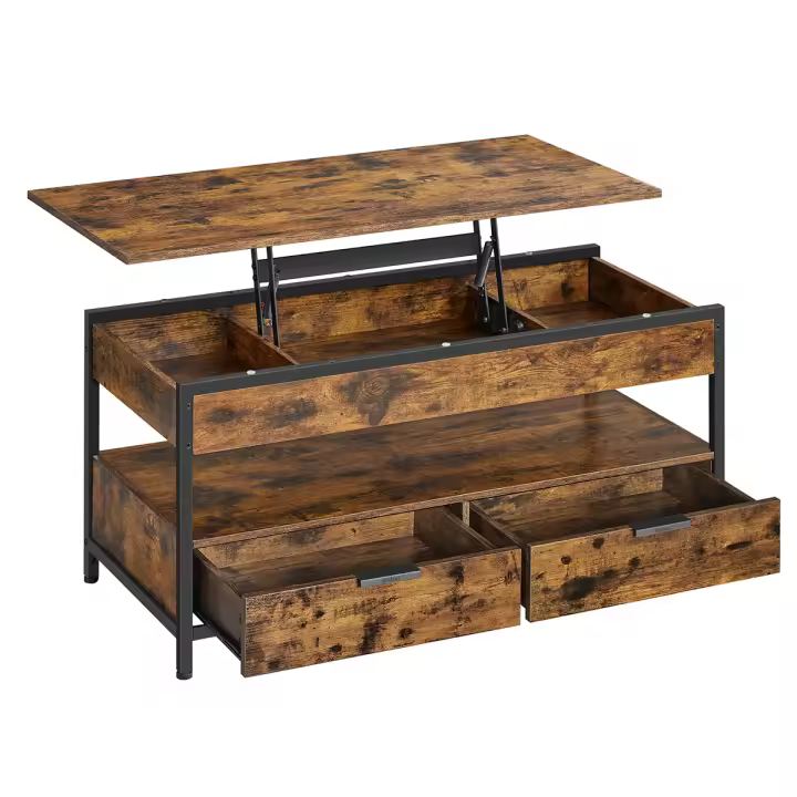 VASAGLE Mesa de Centro Elevable, Mesa de Salón, con Cajones de Almacenamiento, Compartimentos Ocultos y Estante Abierto, Marrón Rústico y Negro Tinta/Gris Ahumado y Negro Tinta - 1
