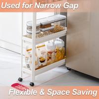 Carrito de almacenamiento delgado con ruedas de 3/4 niveles, para uso general, organizador de estanterías de almacenamiento móvil deslizante para cocina, baño, lavandería, dormitorio, lugares estrechos - details 8