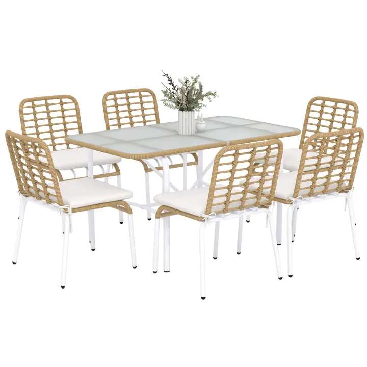 Outsunny Conjunto de Jardín de Ratán Sintético Juego de Muebles de Jardín para Exterior de Ratán de 7 Piezas Incluye 6 Sillas Apilables con Cojines y Mesa de Vidrio Natural - 1