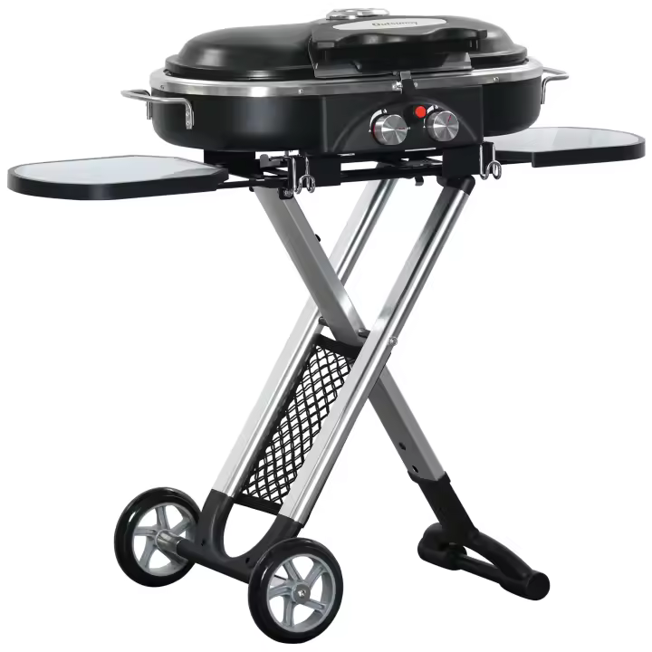Outsunny Barbacoa de Gas Plegable con 2 Quemadores 2,34 KW BBQ de Gas con 2 Ruedas 2 Parrillas Metálicas y 2 Mesas Laterales para Pícnic Camping 100x41,6x82,5 cm Negro - 1