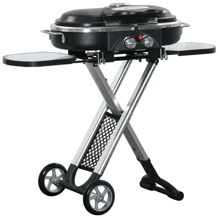 Outsunny Barbacoa de Gas Plegable con 2 Quemadores 2,34 KW BBQ de Gas con 2 Ruedas 2 Parrillas Metálicas y 2 Mesas Laterales para Pícnic Camping 100x41,6x82,5 cm Negro - 1