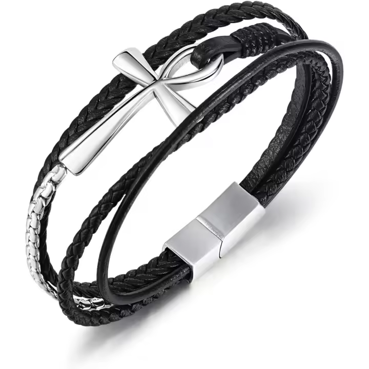 Pulsera para helbres Mujeres Maple inlable Cruz multicapa pulseras de cuero Plata - 1