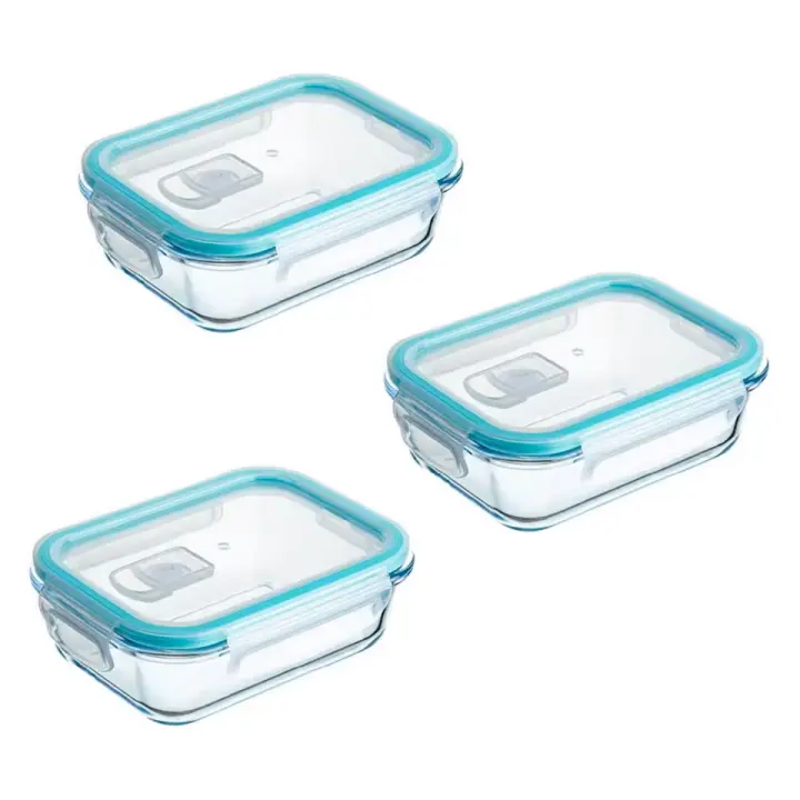 Set de 3 y 4 Recipientes Herméticos de Vidrio Borosilicato - Fiambreras Rectangulares, tupper para comidas desde 370cc a 1500cc - Válvula para Microondas - Apto Horno, Microondas, Lavavajillas y Congelador - Resistente a Altas y Bajas Temperaturas - 1