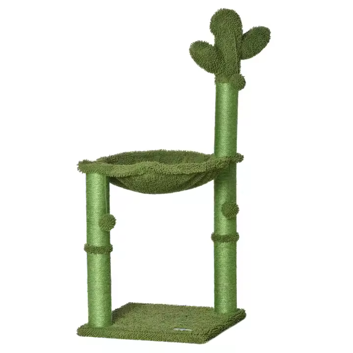 PawHut Rascador para gatos con forma de cactus y poste colgante de sisal natural con pompones - 40 x 40 x 96 cm verde - 1