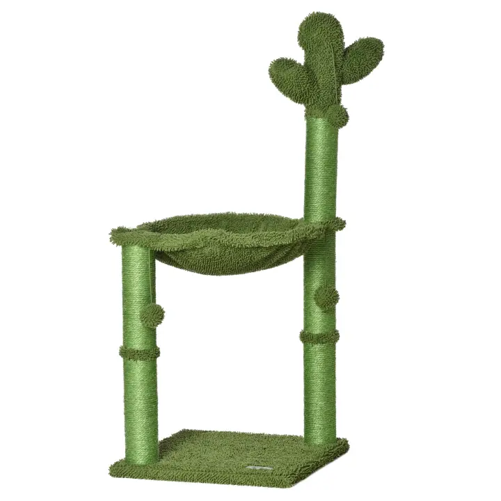 PawHut Rascador para gatos con forma de cactus y poste colgante de sisal natural con pompones - 40 x 40 x 96 cm verde - 1