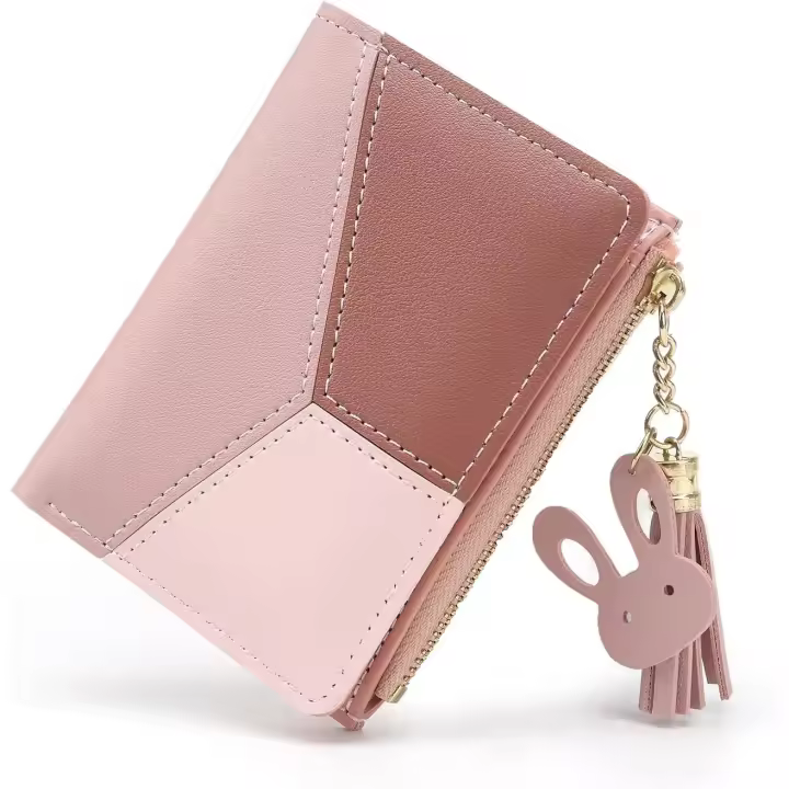 Carteras pequeñas para mujer, monedero de piel sintética con borlas y bolsillo con cremallera para niñas con borlas de metal en forma de conejo y colgante (rosa) - 1