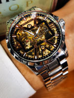 Reloj Mécanico De Lujo Para Hombres Con Cuarzo Automatico Y Esqueleto Dorado Iced out En Acero Inoxidable Reloj De Pulsera Casual Con Correa De Acero Inoxidable Y Luz Oscurecida - details 9
