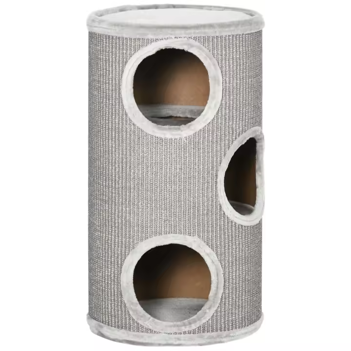 PawHut Barril Rascador para Gatos de 3 Niveles Torre Rascador para Gatos con 3 Entradas y Cubierta de Sisal Ø38x70 cm Gris Claro - 1