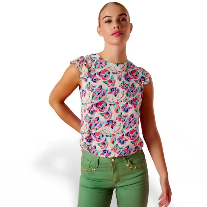 Minueto Nikita Top - Camiseta de Cuello Redondo y Manga Sisa con Volantes en Mangas - 1
