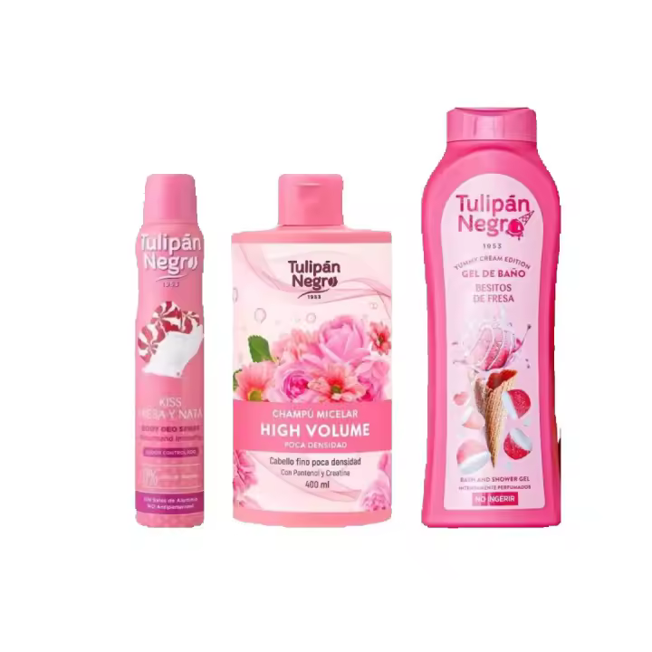 Tulipán Negro Gel Besitos Fresa 650ml, Desodorante Fresa y Nata 200ml y Champú Micelar High Volume 400 ml Briseis S.A. - 1